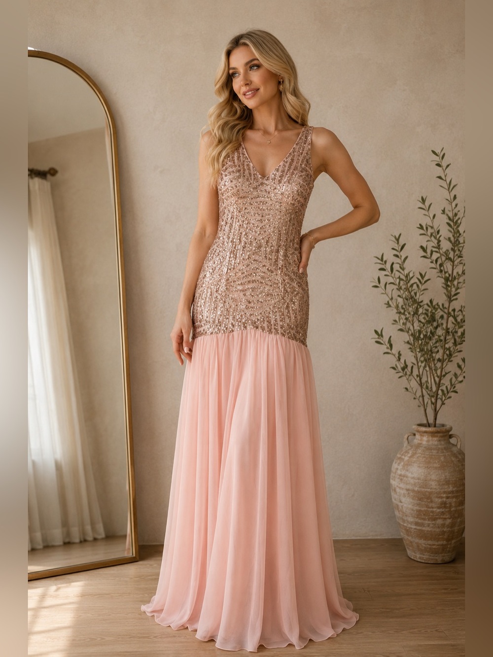 Peach Pink Rose Gold Sequin Mermaid Maxi Dress boutique evening cocktail dress